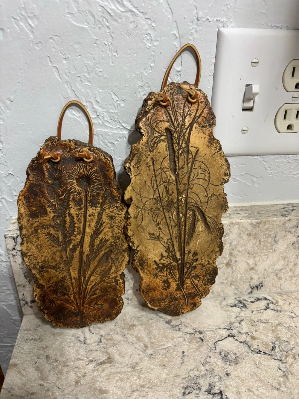 Set of 2 Vintage Style Botanical Embossed Faux Bark Wall Plaques Rustic Decor